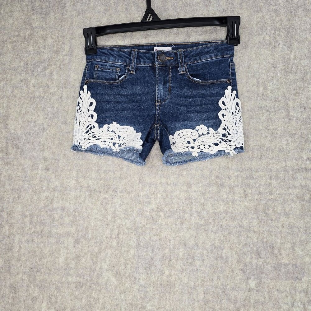 Denim Lace Trim Shorts With Intricate Bohemian Embellishment & Distressed Hem